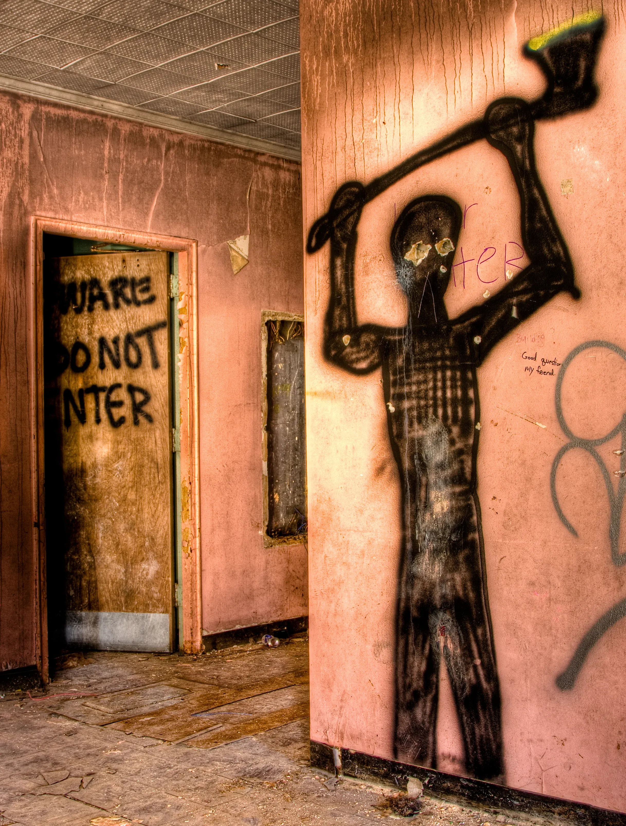 Dark figure silhouette in abandoned building